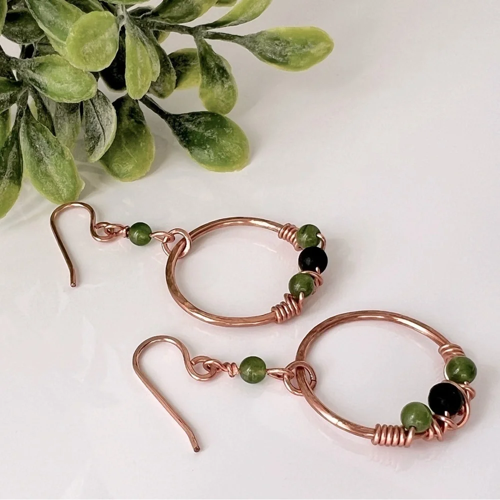 Wire Wrap Copper Earrings with Green Jade & Black Lava Stone